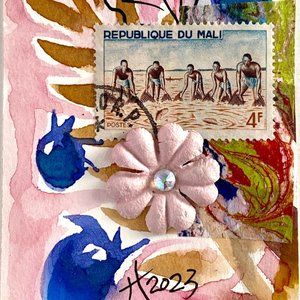 ACEO Original Watercolor Painting Vintage 1966 Mali River Fishing Postage ATC